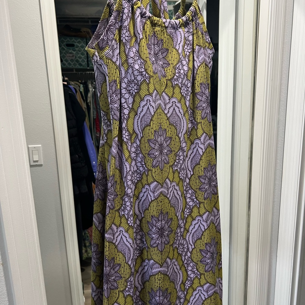 Prana Lavender and Chartreuse Halter-Style Printed Mini Dress